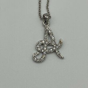 Silver Tone Initial A Necklace 16 in Clear Crystal Rhinestone Dainty Pendant